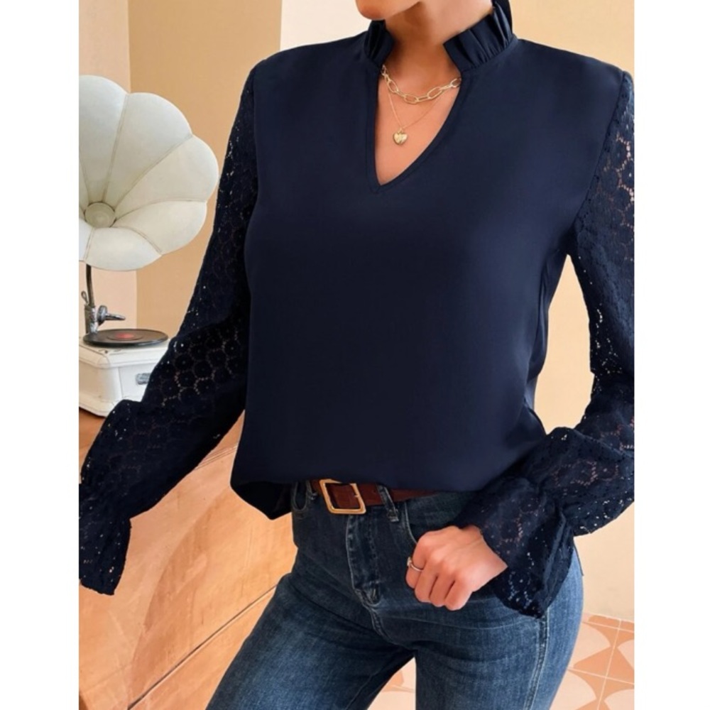 Boho  navy blue lace  blouse - Picture 3 of 6